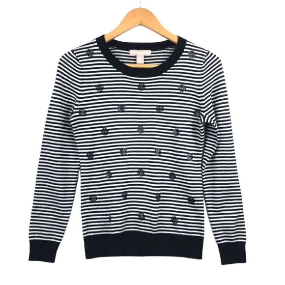 BANANA REPUBLIC Crew Sweater Black and White Striped with Sequins Women's XS - Picture 1 of 5